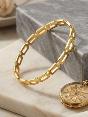 18K Gold Plated 316L Steel Open Link Chain Bangle Bracelet Old Money 2.28"